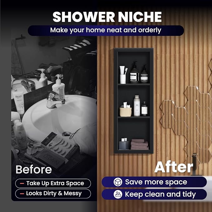 12" x 36" Stainless Steel Shower Niche, 3-Tier Waterproof Shelves, No-Tile Needed Bathroom Organizer, Rustproof Wall Shelf for Shampoo, Soap & Toiletries, Black