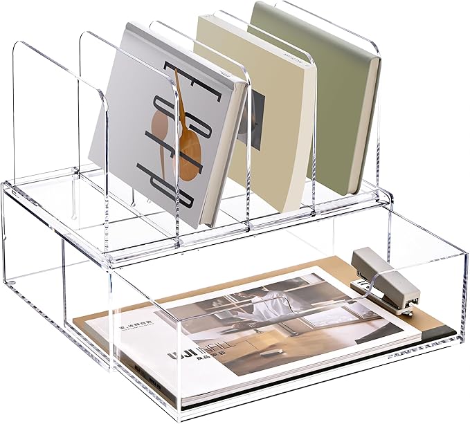YUXUN Desk Organizer with Drawers, Acrylic File Organizer with 4 Vertical File Holders and 1 Sliding Drawer,Multifunction Desktop Accessories Storage for Home Office&School, Clear