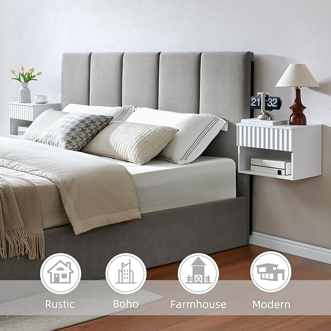 Floating Nightstand with Fluted Drawer - Modern Wall Mounted Bedside Table with Open Storage Shelf, Small Night Stand TV Stand for Bedroom(Matte White, Set of 2)