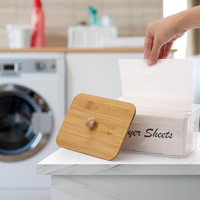 Tbestmax Acrylic Dryer Sheet Holder Container for Laundry Room Dryer Sheet Dispenser with Bamboo Lid