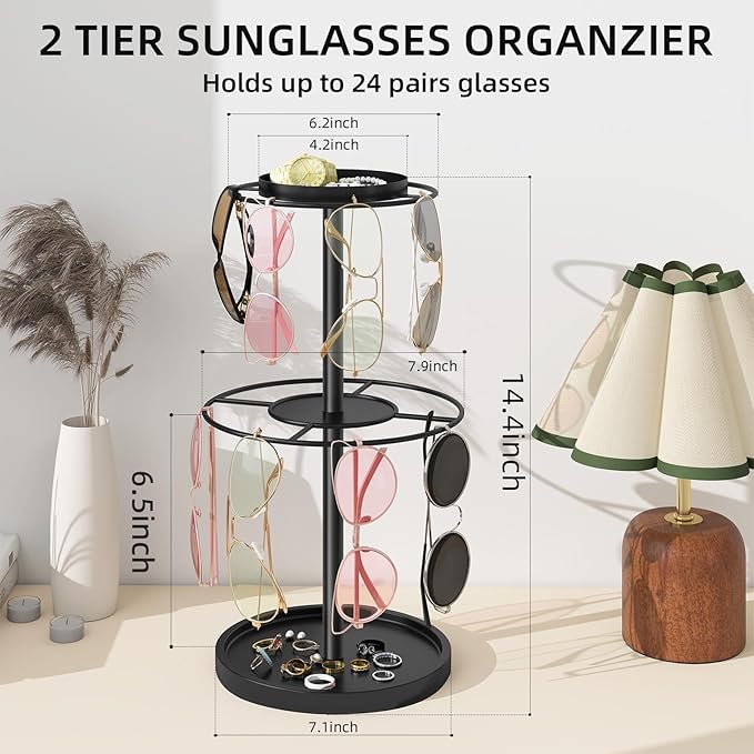 LSK 2 Tier Metal Sunglasses Organzier, Glasses Holder Stand with Storage Trays, Sunglasses Organizer Storage with Anti-Slip Pads for Tabletop, Desk, Dresser, Black