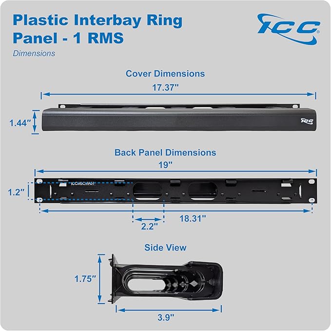 ICC 1U Ring Cable Manager Panel with Cover, Plastic with Metal Back Frame, 4" D-Rings, Horizontal Cable Management, Rackmount for 19” Network Racks, Black, Single Pack