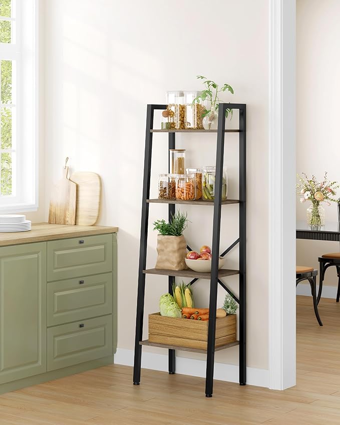 Hoctieon 4-Tier Industrial Ladder Bookshelf, Narrow Ladder Shelf, Tall Standing Bookshelf, Skinny Open Ladder Shelf, for Living Room, Home Office, Kitchen, Bedroom, Metal Frame, Greige