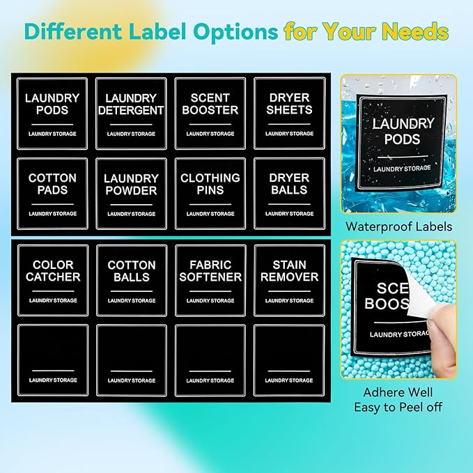 Laundry Pods Container & Dryer Sheet Holder, Laundry Room Organization and Storage Jars with Lids, Labels & Scoops for Powder Detergent Scent Booster, Black Lid
