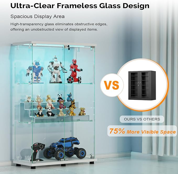 VINGLI Glass Display Cabinet with 3 Shelves, Double Doors and Lock, Floor Standing Curio Cabinets with LED Light, Upgraded Tempered Glass Bookshelf, for Living Room Living Room Bedroom Office, White