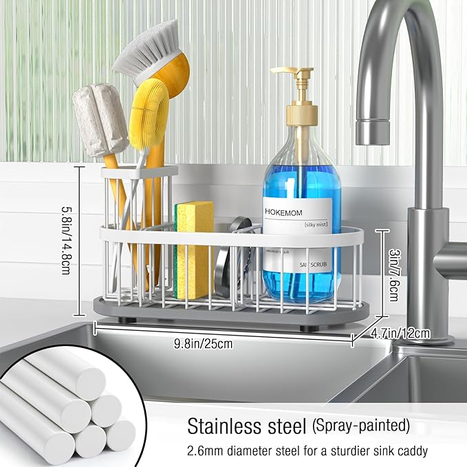Kitchen Sink Organizer with Sponge Holder & Brush Holder - Drain-Free Non-Slip Base, 2.6mm Stainless Steel with White Rust-Resistant Coating - Easy Install & Clean Kitchen Sink Caddy