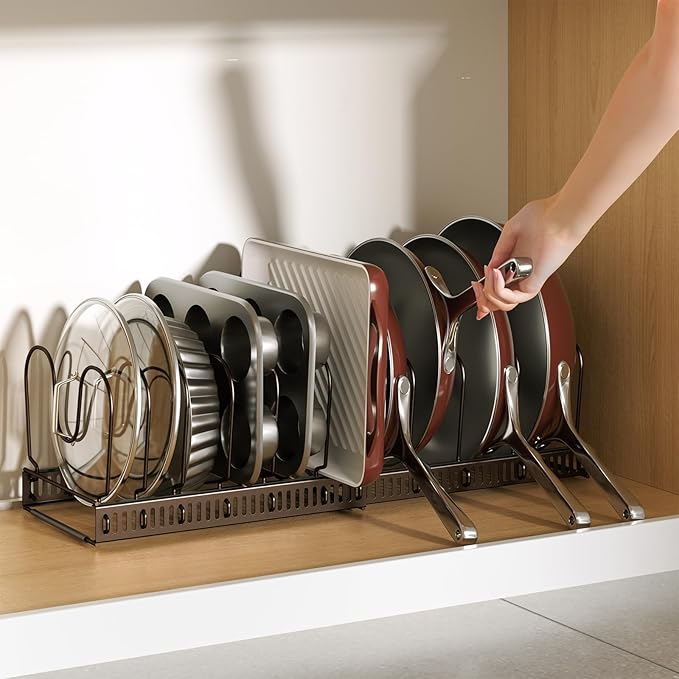 ORDORA Pots and Pans Organizer under Cabinet with Pan Holder: Expandable 11.8"-22.8" Kitchen Cabinet Organizer Rack, 12 Adjustable Dividers Storage for Cookie Sheets, Cutting Boards & Lid, Bronze