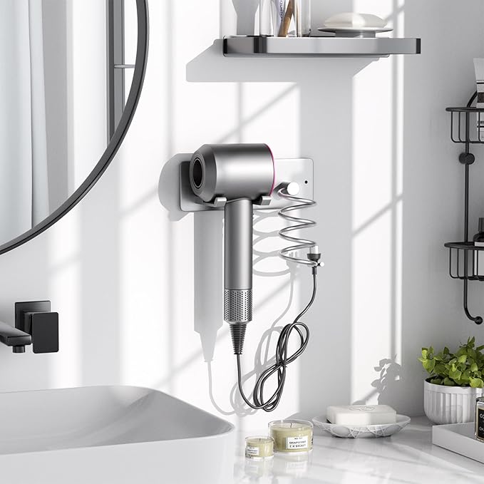 Tindbea Hair Dryer Holder + Curling Iron Holder,Blow Dryer Holder Wall Mount, Bathroom Hair Tool Organizer Rack for Universal Dryer Silver Color