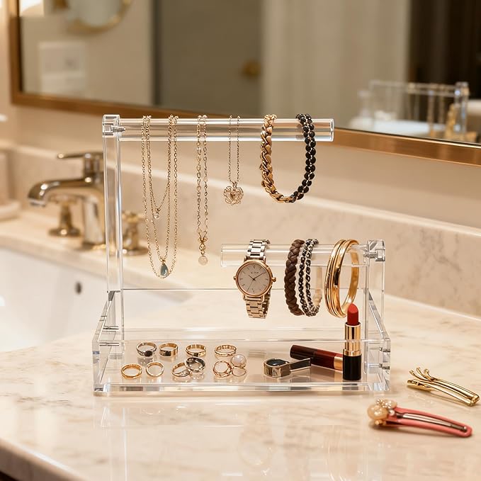 LUGUNU 2-Tier Bracelet Holder & Necklace Display Stand with Removable Trays, Acrylic Jewelry Organizers and Storage Box for Earrings, Rings, Watches, Vanity Tray for Dresser Countertop