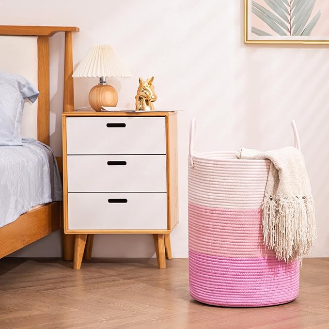 YOUDENOVA Woven Rope Laundry Hamper Basket, 58L Tall Luandry Basket, Baby Nursery Hamper for Blanket Storage, Clothes Hamper for Laundry in Bedroom-Large-Pink