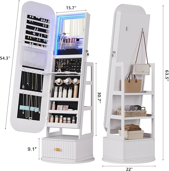 360°Swivel jewelry organizer with Full Length Mirror with Lights,Jewelry Armoires Cabinet Standing with Drawer,Large Mirror Storage for Jewelry and Makeup（White）