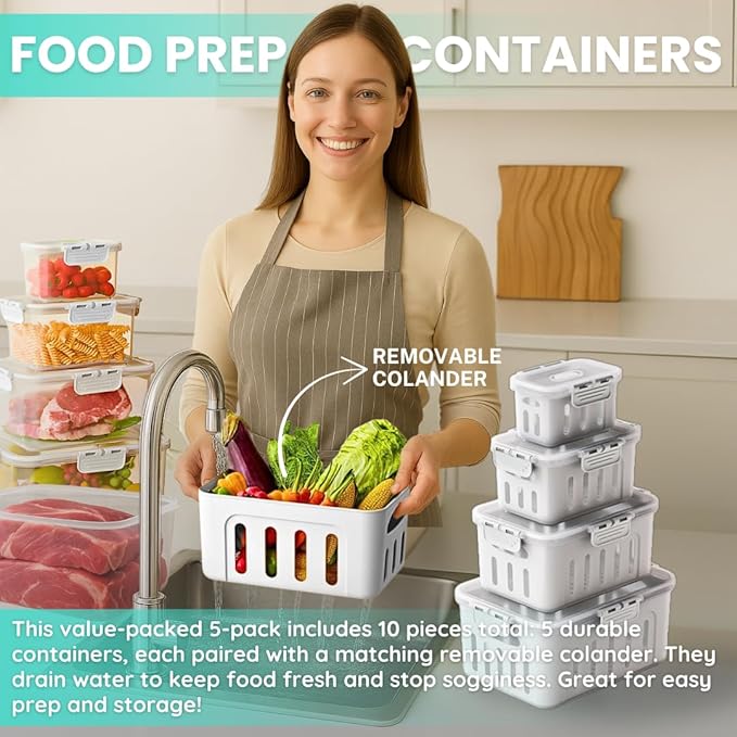 5-Pack Fruit Containers for Fridge Keep Fresh – Airtight Food Containers with Lids, Produce Saver with Removable Colander, Fridge Organizers, Microwave & Dishwasher Safe (White)
