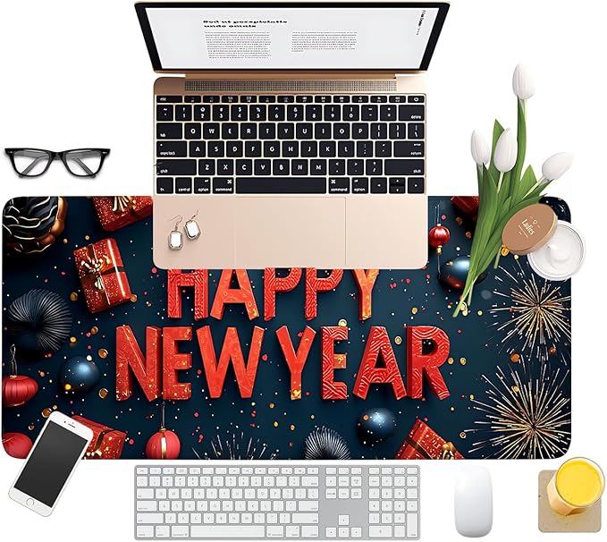 Happy New Year Gaming Mouse Pad 31.5"x11.8"Desk Mat Anti-Slip Rubber Base & Durable Stitched Edges for Gamers Smooth Mouse Writing Surface for Desk Office/Home