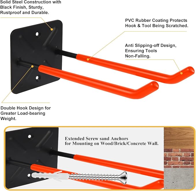 Steel Garage Storage Hooks Wall Tool Organizer, 10 Inch Garage Hook Heavy Duty Utility Storage Hangers Orange for Ladders, Chairs, Garden Tools, Set of 4