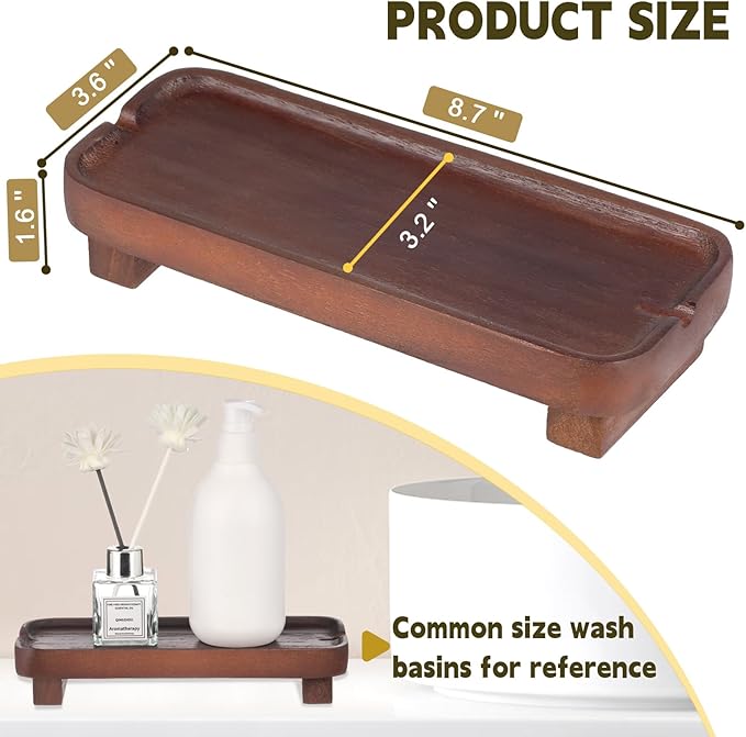 Wood Riser Small Decorative Tray Sink Soap Dish, Vanity Tray Pedestal Stand 8.7 x 3.6 inches (Dark Brown)