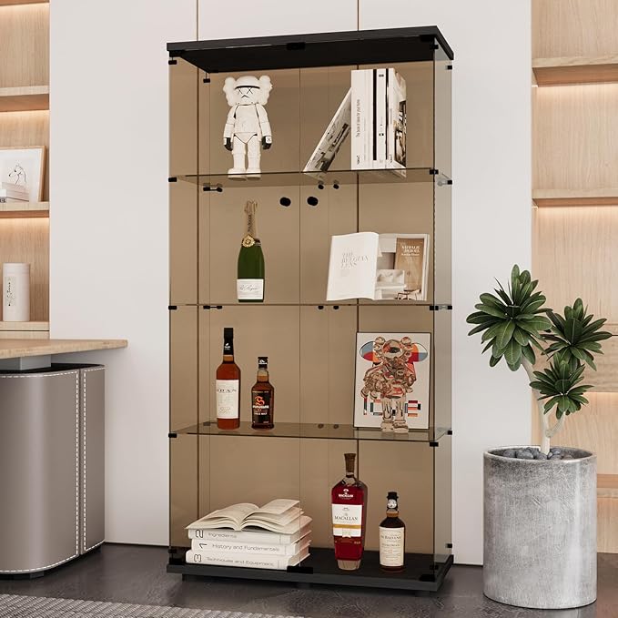 Beauty4U Glass Display Cabinet with 4 Shelves, 2 Doors Curio Cabinets for Living Room, Bedroom, Office, 5mm Brown Tempered Glass Floor Standing Bookshelf, Quick Installation