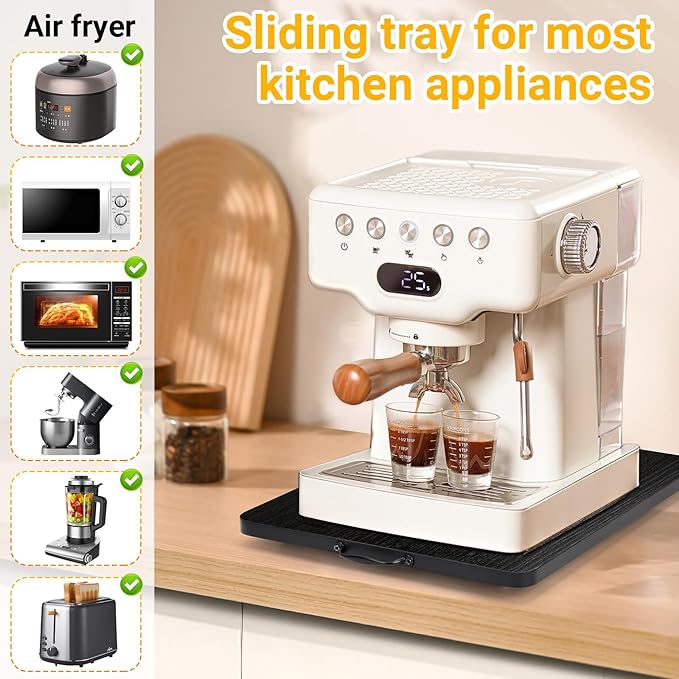 Sliding Tray for Coffee Maker, 360° Rotating Appliance Slider for Kitchen Appliances, Wooden Sliding Tray Suitable for Kitchen Countertops and Kitchen Appliances(Black, Large)