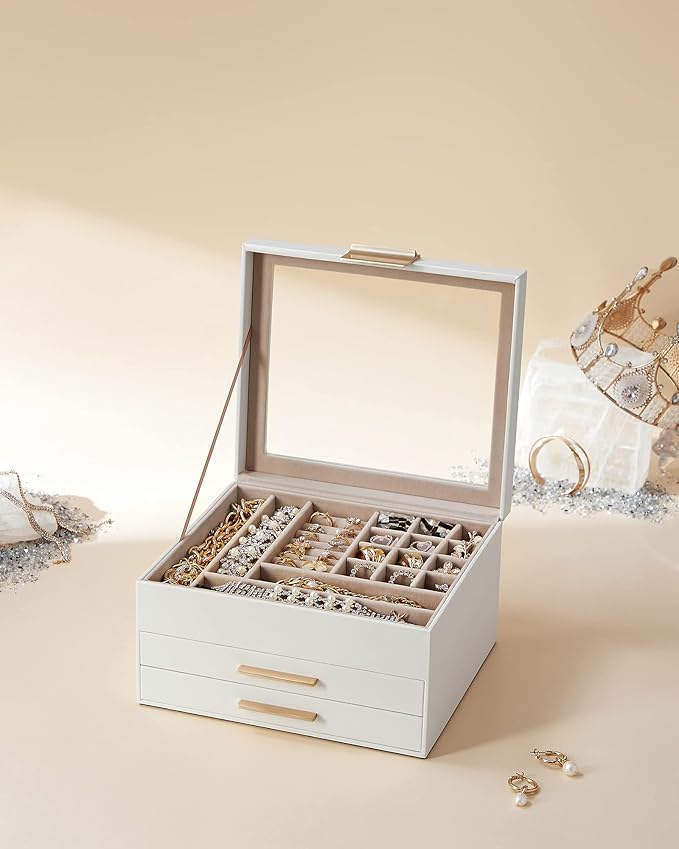 SONGMICS Jewelry Box Organizer with Glass Lid, 3-Layer Jewelry Storage, with 2 Drawers, Modern Style, Christmas Gift, 8 x 9.1 x 5.3 Inches, Cloud White and Gold Color UJBC239WT