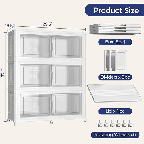 120Gal Stackable Storage Bins with Lid, 480Qt Extra Large Collapsible Storage Box with Wheels, Dividers, Folding Plastic Cabinet Closet Organizers for Home Kitchen Office Dorm, 3Pack White