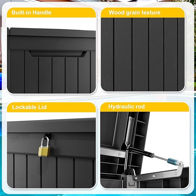 280 Gallon Resin Deck Box, Lockable Outdoor Storage Box for Patio Cushions Storage Furniture,Garden Tools, Pool Supplies, Weatherproof and UV Resistant（Black）