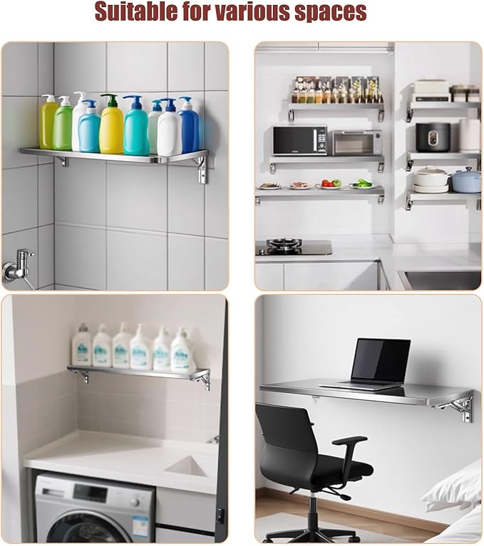 304 Stainless Steel Folding Wall Shelf Wall Mount Kitchen Storage Shelves Rounded Corners Food-Grade Folding Table Thickened Bracket for Laundry Room Garage Restaurant.(90x30cm/35.4x11.8in)