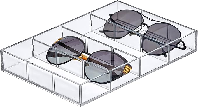 Amazing Abby - Soleil - Acrylic 4-Compartment Sunglass Organizer, Plastic Eyeglass Display Case, Transparent Jewelry Storage Tray, Clear Beauty Supply Holder, Great for Bedroom and Bathroom
