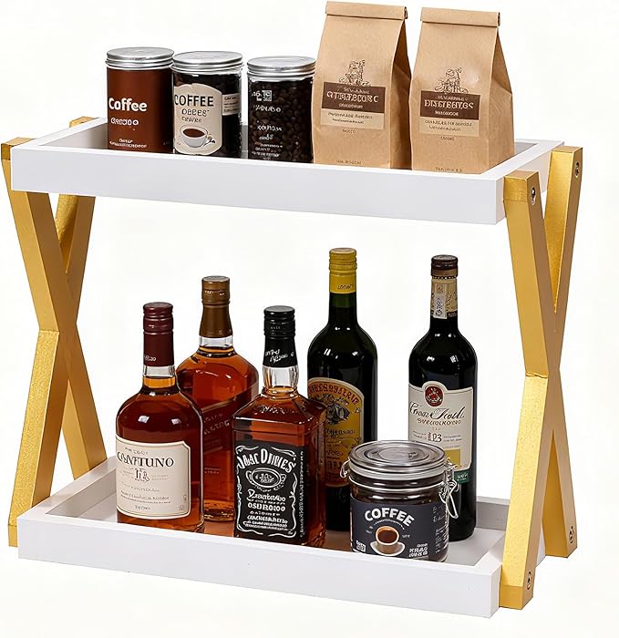 Bathroom Counter Organizer, Wooden Sink Shelf for Vanity Storage, Storage Organizers for Bathroom, Kitchen, Dresser (Gold-White)