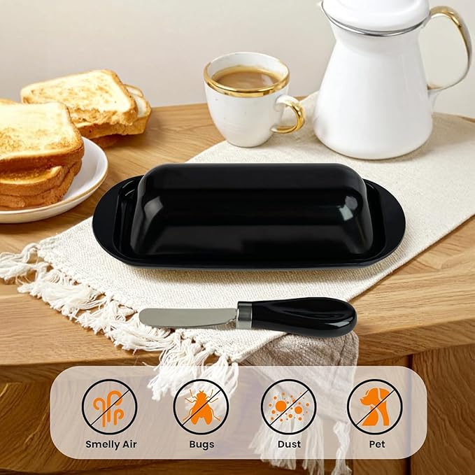 Butter Dish with Lid and Knife, Durable Countertop & Fridge Butter Keeper, BPA-Free Melamine Butter Container, Dishwasher Safe, Fits East/West Coast Butter Sticks (Black)