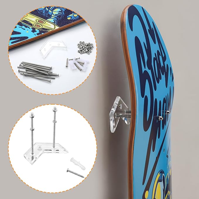 6 Packs Skateboard Wall Mount with Installation Screws Acrylic Floating Skate Deck Stand Skateboard Wall Hanger to Store and Display Long Boards Snowboards
