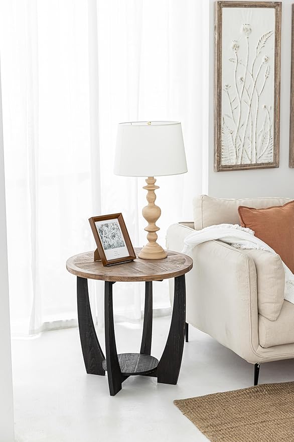 COZAYH Set of 2 Rustic Farmhouse End Tables with Storage Shelf, French Country Modern Round Accent Side Table for Small Spaces, Wood Top & Black Base