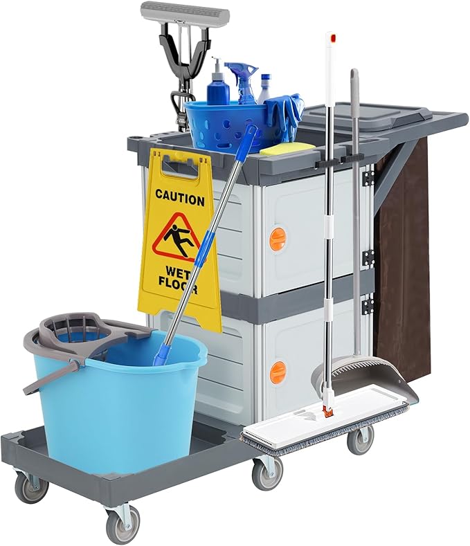 Commercial Janitorial Cart, 3-Shelf Housekeeping Cleaning Cart with 2 Cabinet, Wheels, Cover, Shelves, and Oxford Bag, Traditional Janitorial Cart for School Hotel Apartment