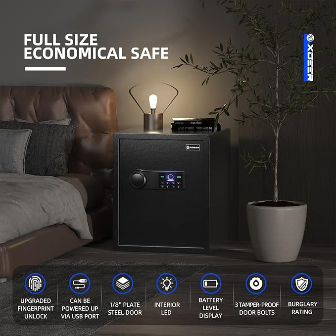 XDeer Biometric Safe Box with Fireproof Bag, Quick-Access Security Safe Box with Upgraded Fingerprint, Steel Handgun Safe Lock Box for Kid/Home/Office (1.69 Cu.Ft+ Bag)