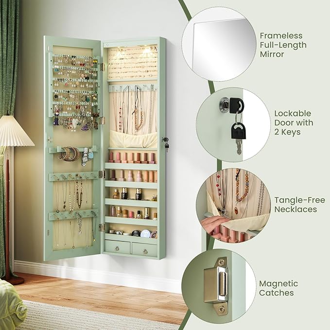Giantex Wall Door Mounted Jewelry Armoire Cabinet with 47.5" Full Length Mirror, 2 LEDs Lockable Jewelry Organizers and Storage with 2 Drawers, Over the Door Jewelry Organizer Cabinet (Sage)