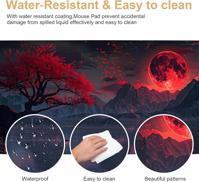 Large Mouse Pad, Red Moon Landscape Desk Mat, Extended Gaming Mouse Pad with Non-Slip Rubber Base, Thick 3mm Smooth Surface Keyboard Mat for Office & Home,35.5 x 15.8 in