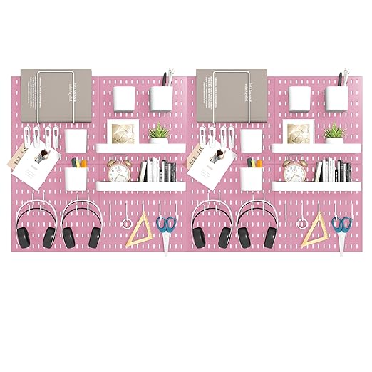 Peg Board Combination Kit, 8 Pegboards with 40 Accessories, Pegboard Wall Organizer for Office, Nursery & Home Storage, Key Holder, 51.2"x25.6" – Nail-Free Installation（Pink）