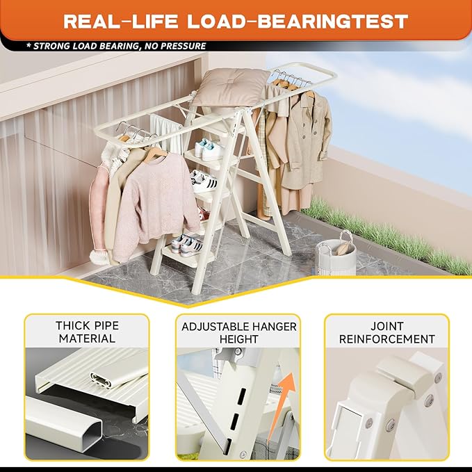 Multi-Functional 5 Step Ladder Used as Clothes Drying Rack,Sturdy Carbon Steel Ladder,Widened Pedal,Foldable & Portable Clothes Drying Rack, Space-Saving Design Indoor&Outdoor Drying (White)