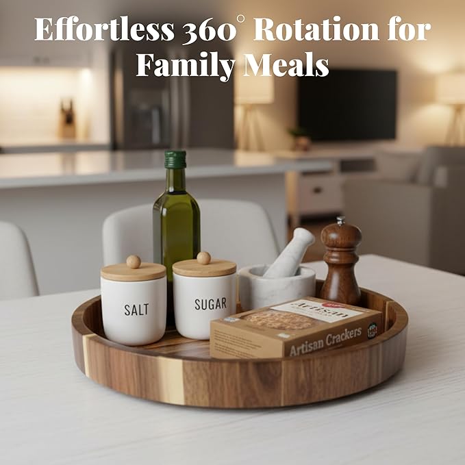 Acacia Wood Lazy Susan - 12 Inch Wooden Turntable Organizer for Kitchen Counter, Dining Table, Countertop - Rotating Serving Tray with Raised Edges - Natural Wood Finish
