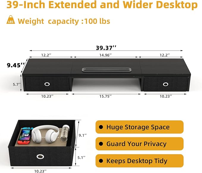 Dual Monitor Stand Riser with 2 Drawers - 39Inch Large Storage Computer Monitor Stands for 2 Monitors, Wooden Desktop Organizer Perfect for Home Office Desk, Computer, Laptop, TV, Black