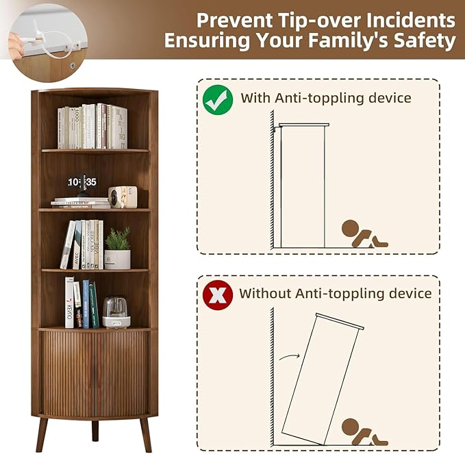 Corner Cabinet, 66.73'' Tall Modern Corner Bathroom Storage Cabinet with 2 Fluted Doors and Shelves, Home Space Saver for Kitchen, Living Room, Study Room(Walnut, 66.73''H)