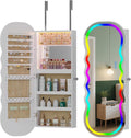 HNEBC LED Mirror Jewelry Cabinet with RGB Lights,42.5" Wall Mounted Jewelry Organizer with Full-Length Mirror,Over The Door Hanging Jewelry Armoire Storage Cabinet,Lockable,Wide Wavy Mirror
