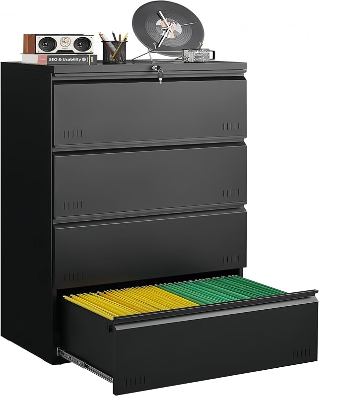 Metal File Cabinet with Lock, 4 Drawer Lateral File Cabinets for Home Office, Heavy Duty Office Storage Cabinet for A4/Letter/Legal Size, Assembly Required(Black)