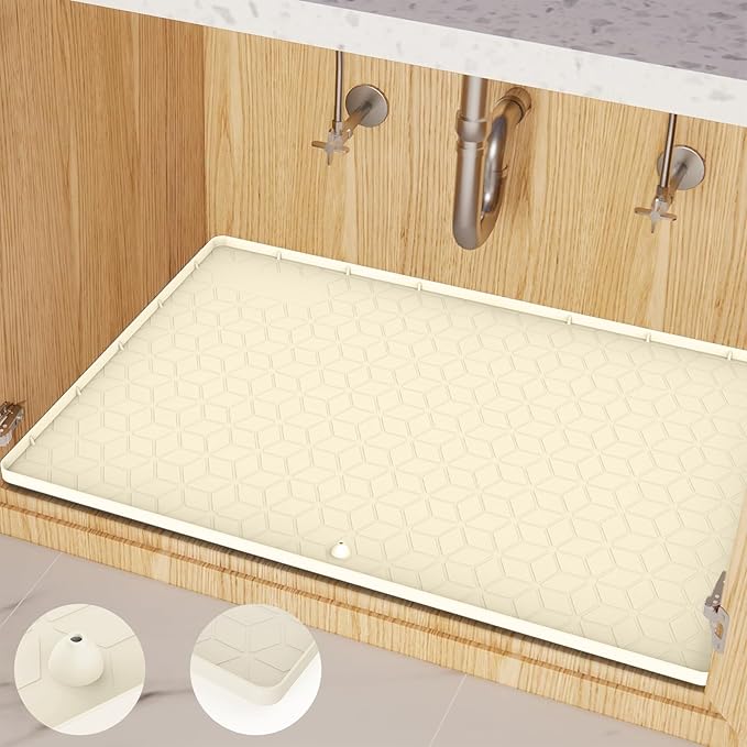 Under Sink Mat for Kitchen Silicone Waterproof Under Sink Liner, Flexible Sink Cabinet Organizer Tray with Drain Hole, Hold up to 3.3 Gallons Liquid, Easy to Clean