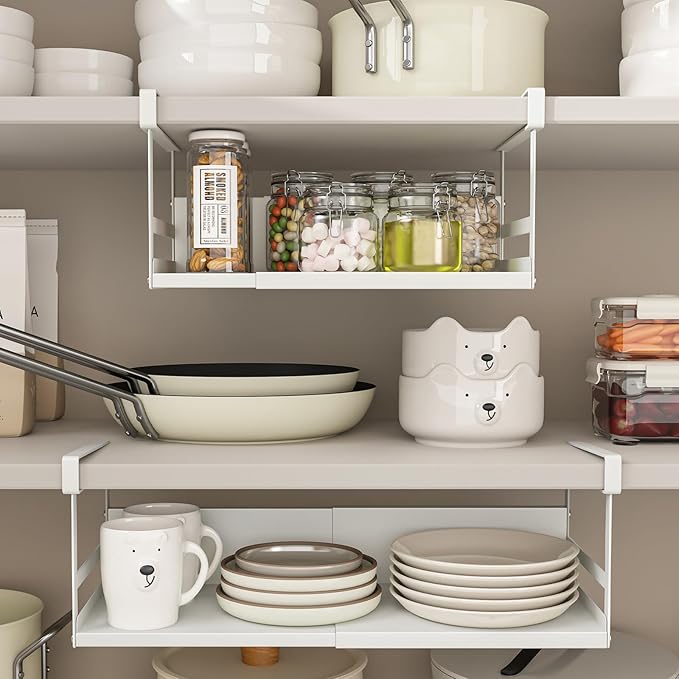 Expandable Under Cabinet Shelf Organizer with 0.94-Inch Thick Clips, Heavy Duty Extendable Under Shelf Storage Basket for Pantry or Laundry Room, White, 1 Pack, Interior: 4.13" H x 8.54" D