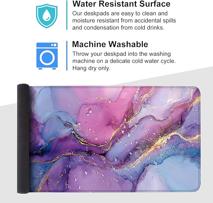Purple Marble Ink Mouse Pad – Large Extended Desk Mat 35.43 x 15.75 in – Alcohol Ink Watercolor with Gold Vein Design, Non-Slip Base, Waterproof Surface, Aesthetic Keyboard & Mouse Pad