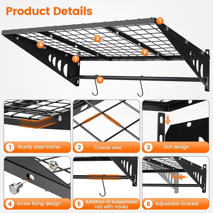 Garage Shelving 2x3ft 4-Pack, Garage Storage Rack 24"x36" Metal Shelves Black Wall Mounted with rods & 6 Hooks, Heavy Duty Wall Shelving Floating Shelves, 1000lbs Total load Capacity
