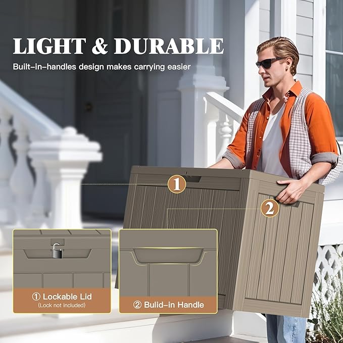 Outdoor Storage Box - Lockable Waterproof UV-Resistant Resin Deck Box for Patio Cushions, Garden Tools, Pool Accessories, Black/Grey, 45(Grey, 45 Gallon)