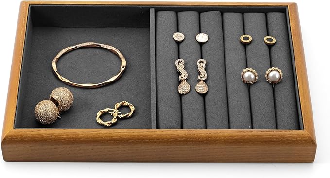 Oirlv Solid Wood Multifunctional Ring Earrings Studs Bangle Jewelry Organizer Tray Jewelry Drawer Organizer(Grey)