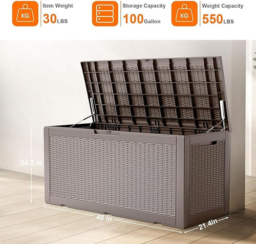 100 Gallon Deck Box,Resin Outdoor Storage Box with Lockable for Patio Furniture, Pool Accessories, Garden Tools Waterproof Outside Storage Box, Grey Pattern