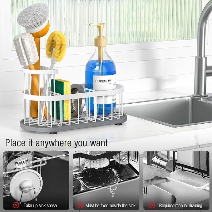 Kitchen Sink Organizer with Sponge Holder & Brush Holder - Drain-Free Non-Slip Base, 2.6mm Stainless Steel with White Rust-Resistant Coating - Easy Install & Clean Kitchen Sink Caddy