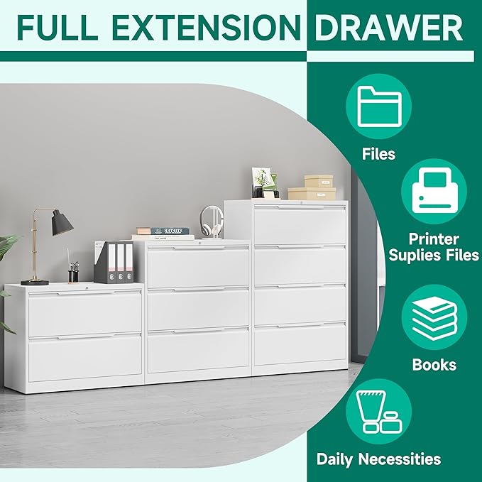 Metal Steel Filling Cabinets for Home Office - 4 Drawer Lockable Lateral File Cabinet for Hanging Files Letter/Legal/F4/A4 Size, Assembly Required - White